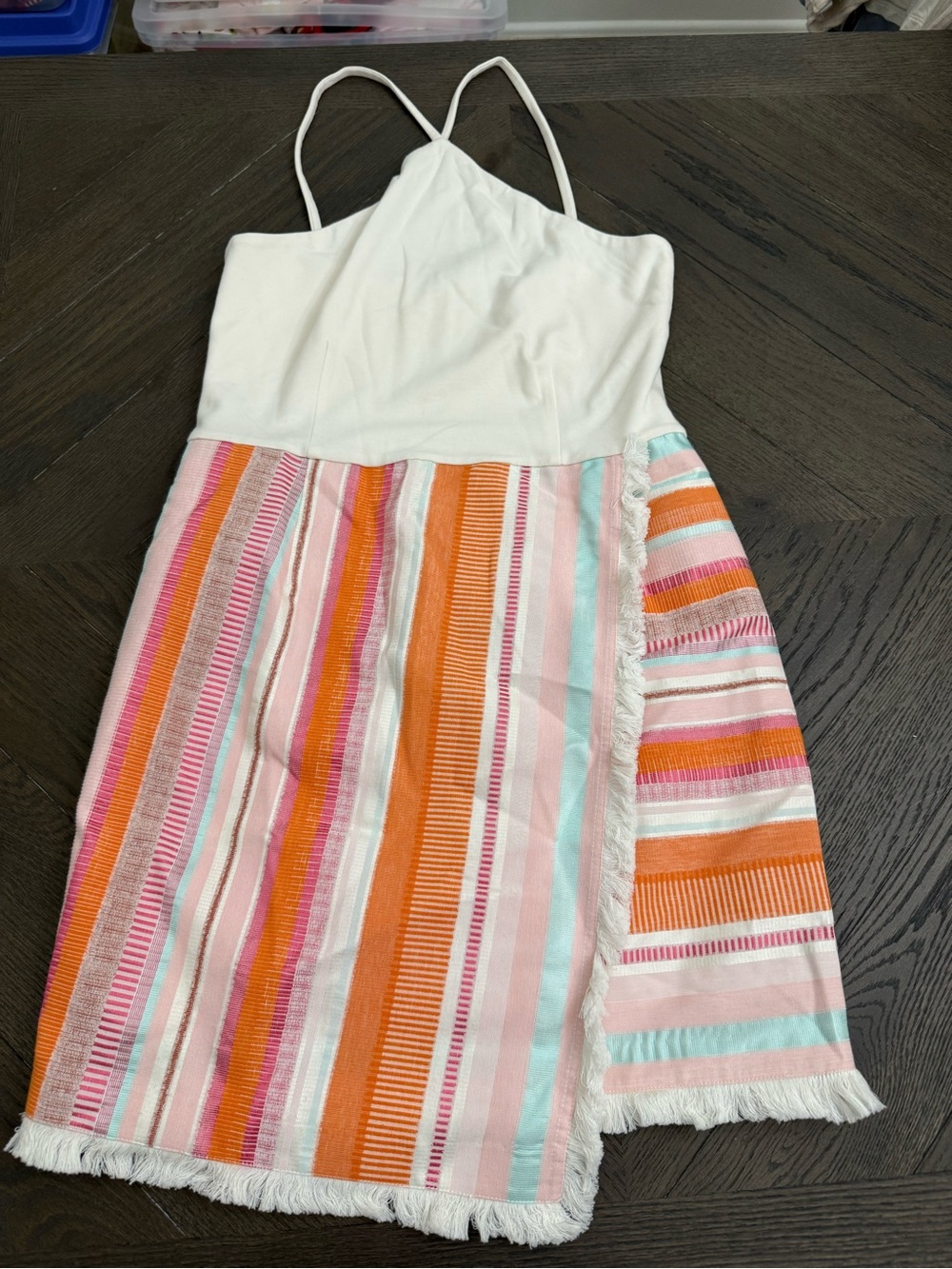 White Tank Mini Dress with Orange & Pink Striped Skirt
